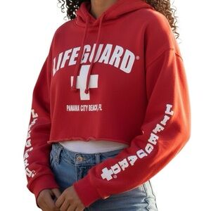 Life Guard Panama City Red Long Sleeve Crop Hoodie Sweatshirt Top
